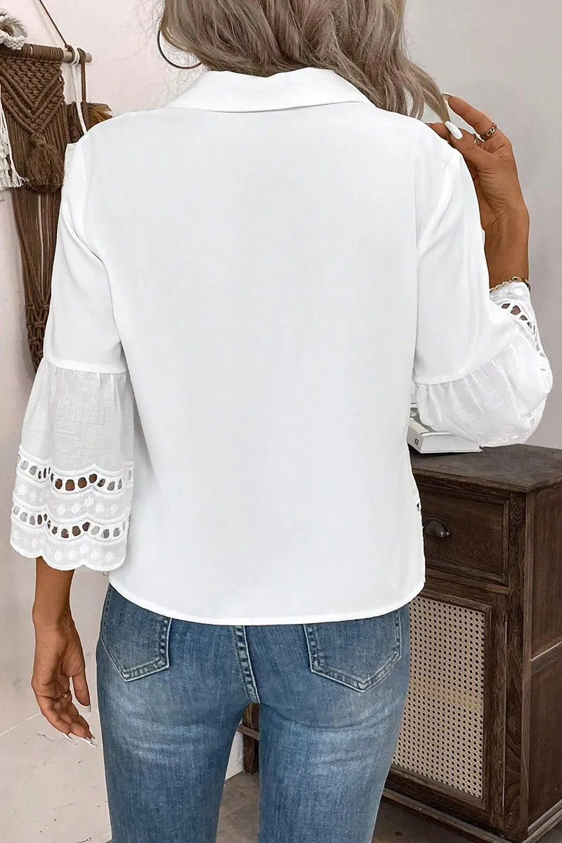 Solid Eyelet Embroidery Scallop Trim Bell Sleeve Shirt