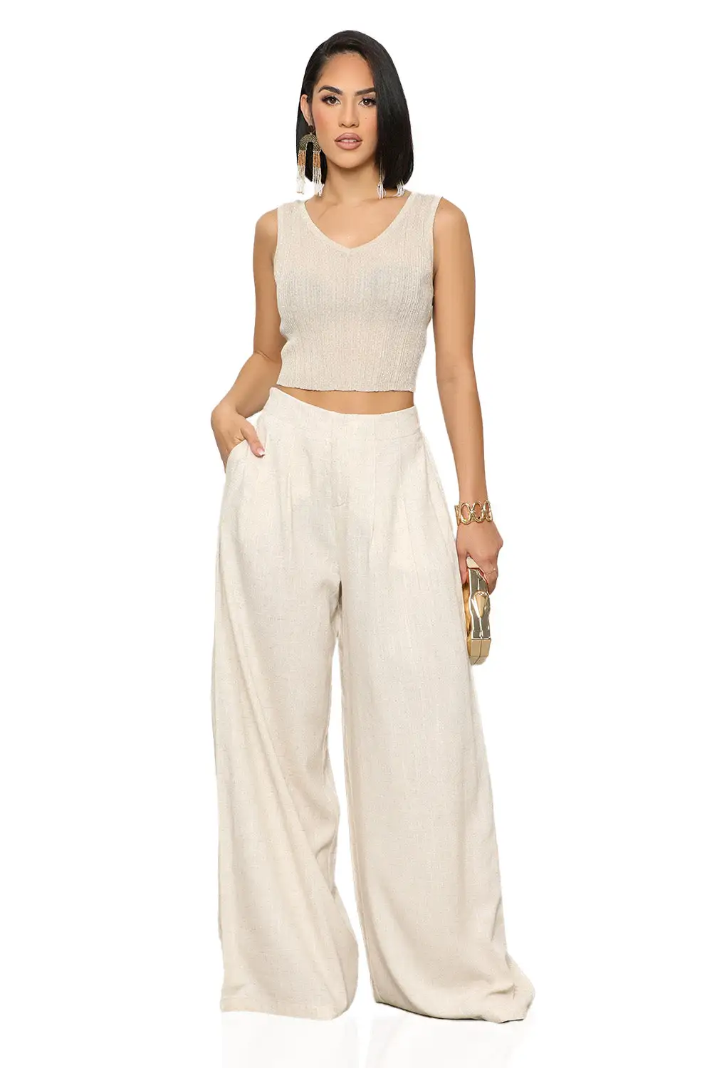 On The Go Linen Pants Set (Beige)