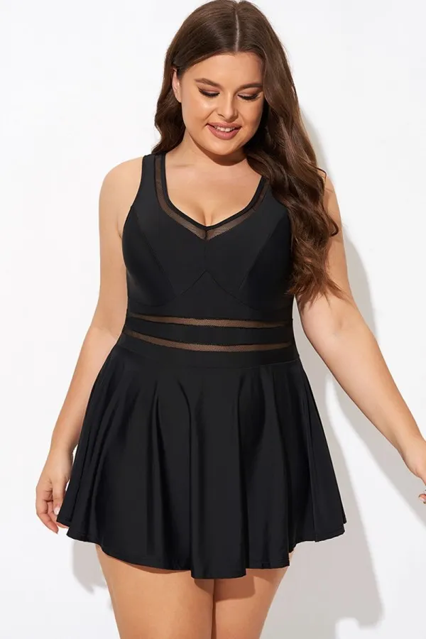 Black V-neck Wide Strap Crochet Detail Swimdress