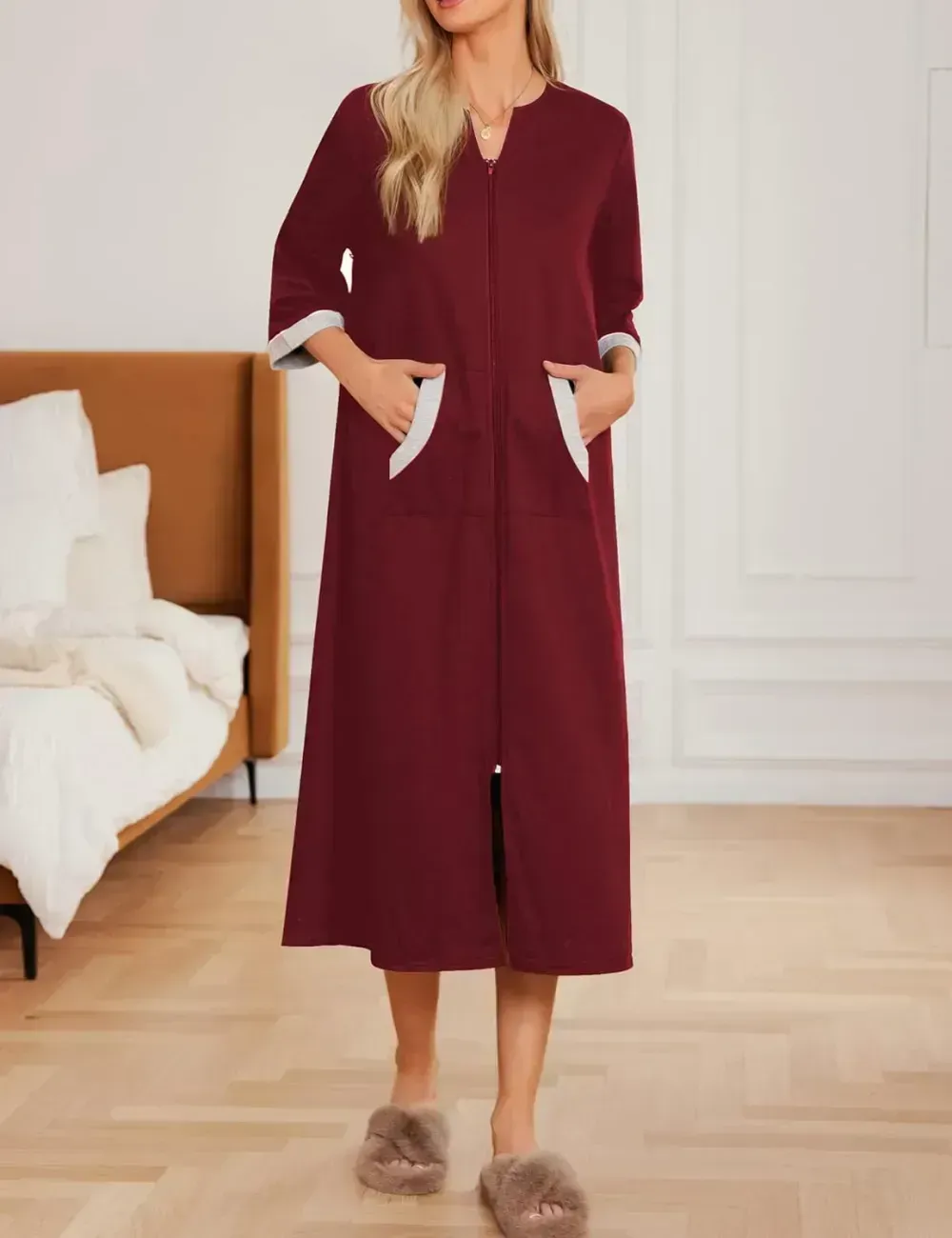 Women Zipper Robe 3/4 Sleeves Loungewear Dress Full Length Sleepwear Pockets Housecoat Nightgown Long Bathrobe
