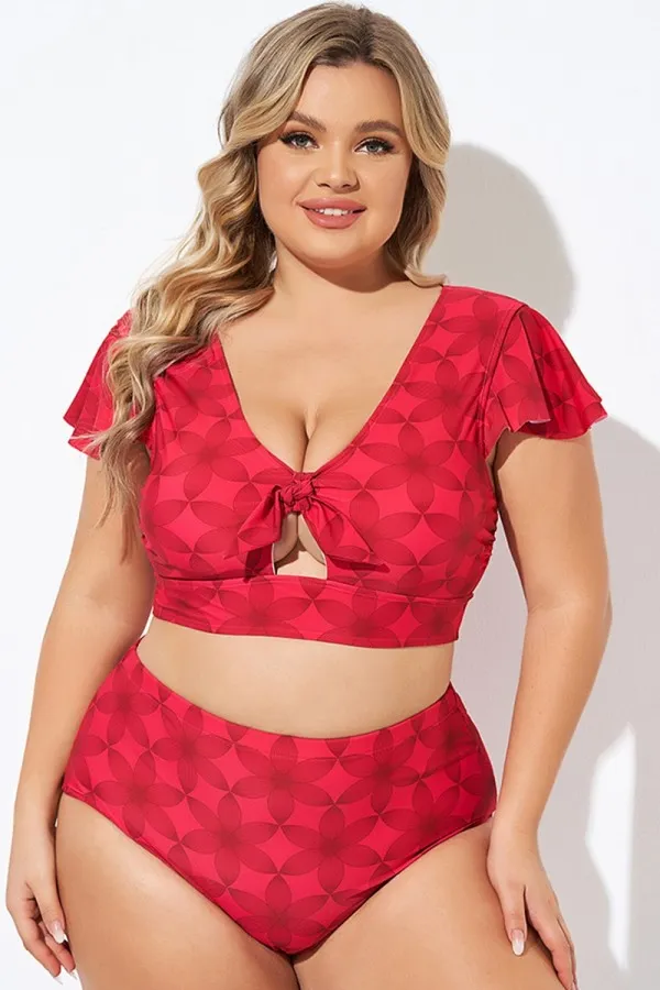 Red Geometric Interwoven Print Bikini Top
