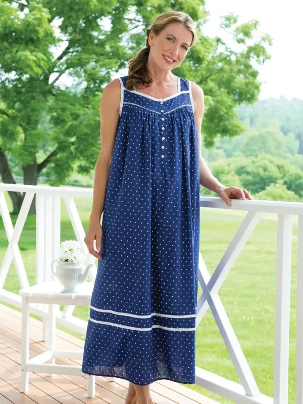 Eileen West Nautical Blue Polka Dot Cotton Nightgown