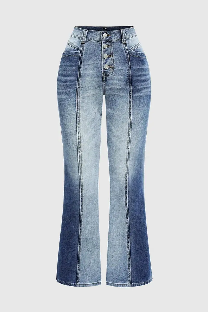 Cut & Sew Button Fly Mid Waist Flare Jeans