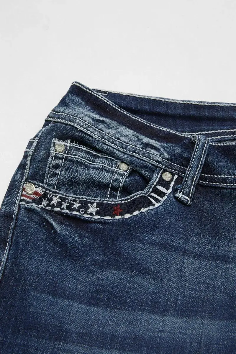 Cross Embroidered Wash High Stretch Mid Rise Capri Jeans