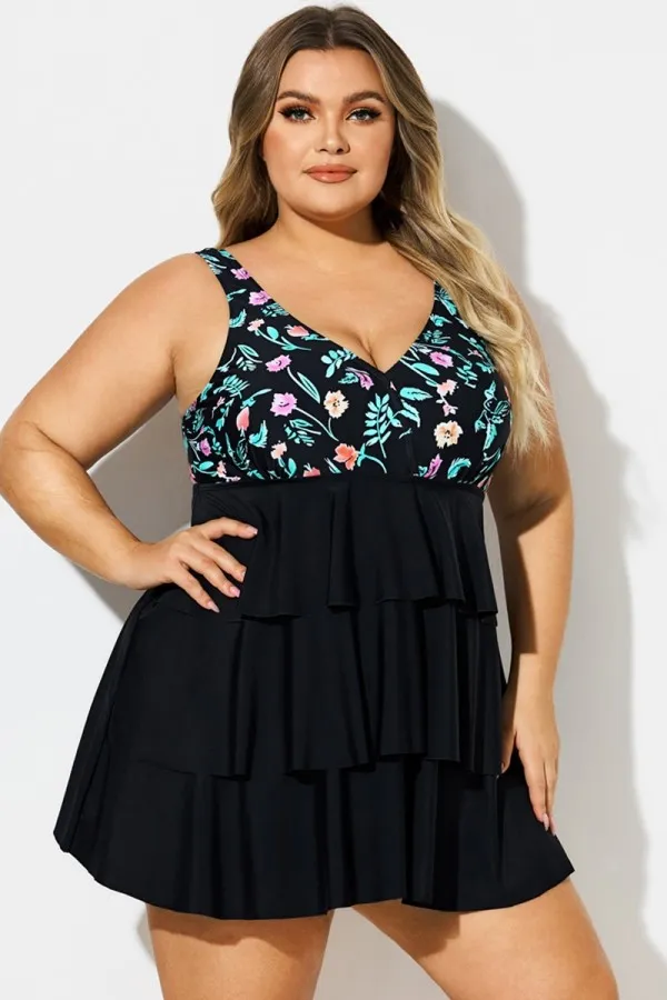 Plus Size Floral Print V-Neck Layered Swimdress