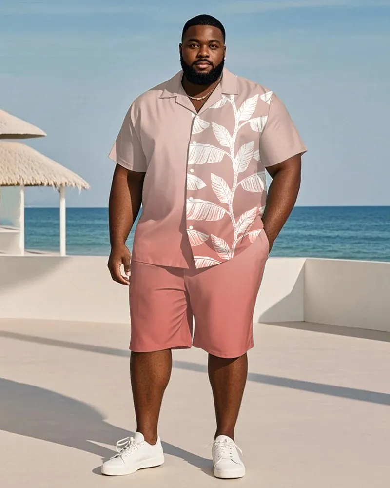 Big & Tall Men's Pink Gradient Leaf Print Shirt and Shorts Suit
