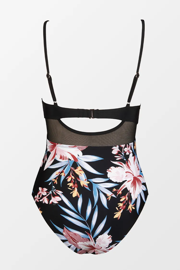 Solid Mesh Wrap Front Cutout Black One Piece Swimsuit