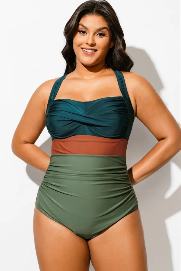 Green Colorblock Twist Front Skinny One Piece Swimsuit