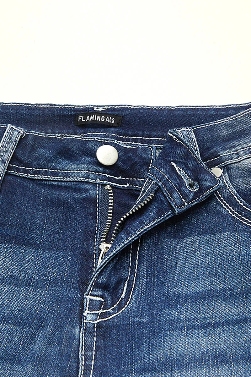 Wash Ripped Roll Hem Mid Rise Denim Shorts