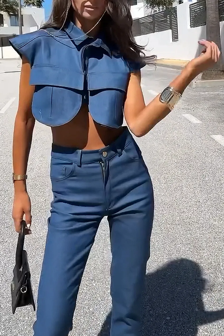 Women'S Casual Flying Sleeve Short Top And Slim Pants Two-Piece Set