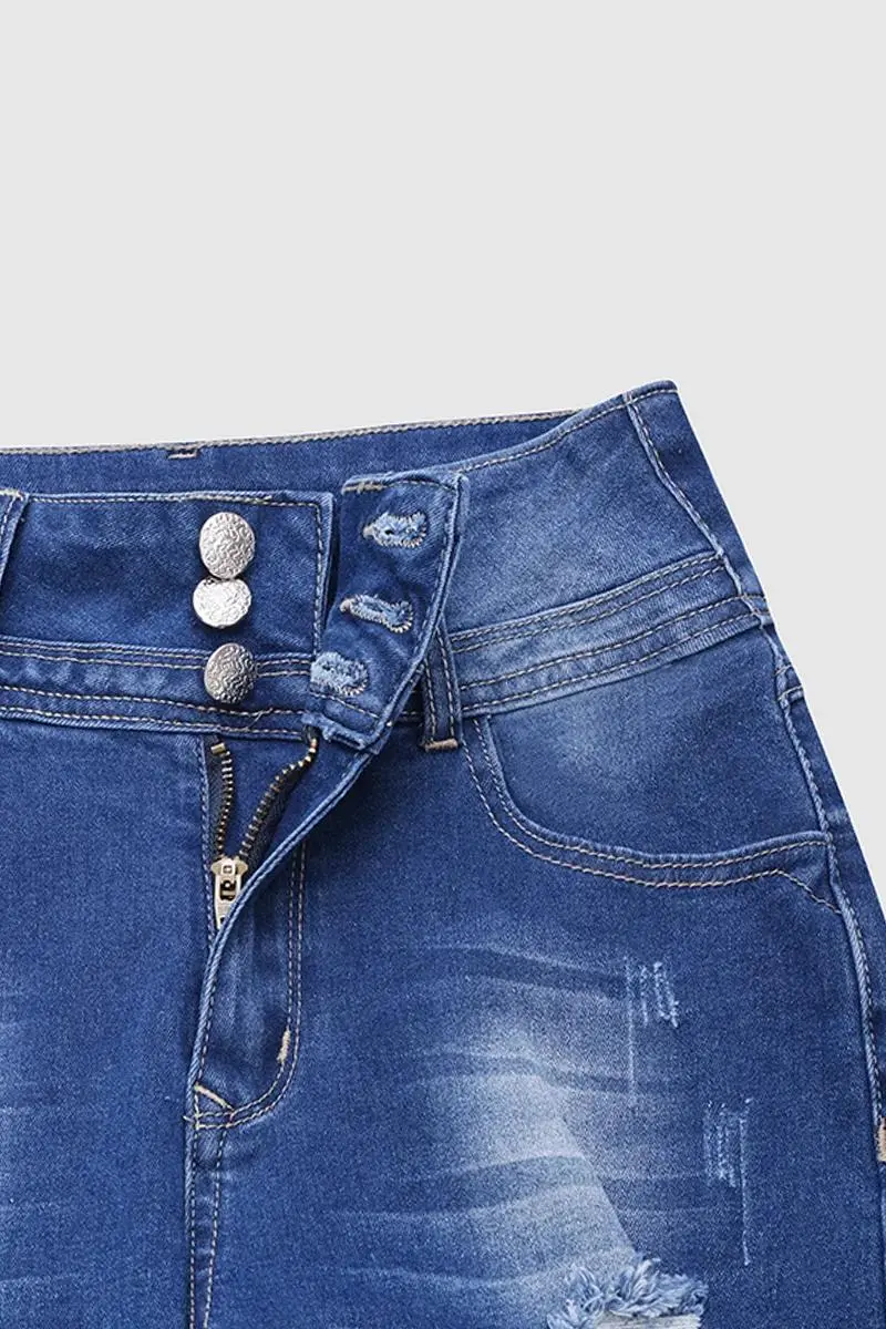 Ripped Button Up Wash Stretchy High Waist Skinny Jeans