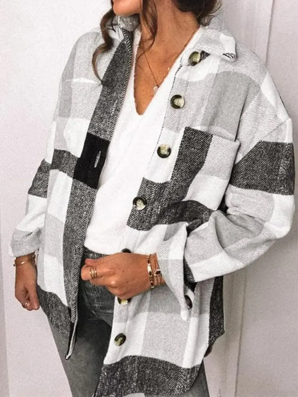 Womens Casual Plaid Shacket Button Down Long Sleeve Shirt