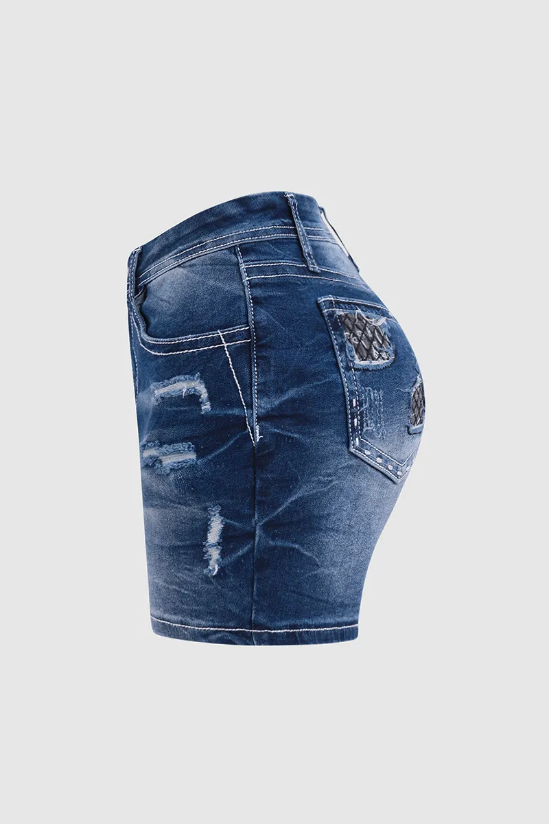 Animal Print Patched Ripped Mid Rise Denim Shorts