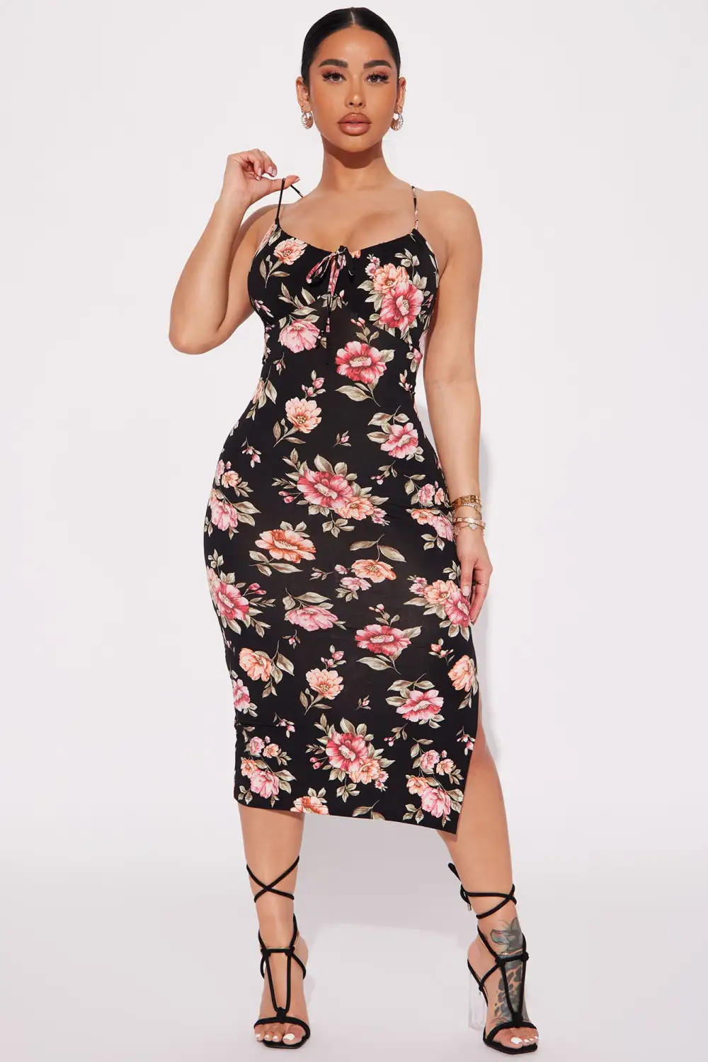 Floral Lace Up Midi Dress - Black