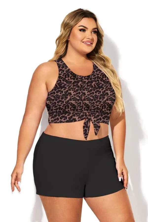 Dark Leopard Print Knotted Crop Bikini Top