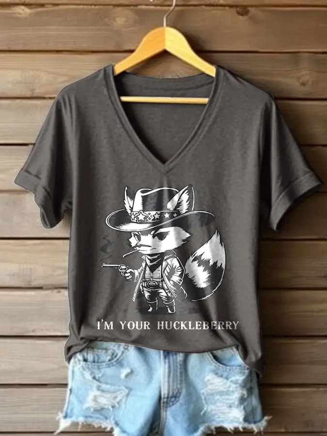 V-Neck Retro I'm Your Huckleberry Western Print T-Shirt