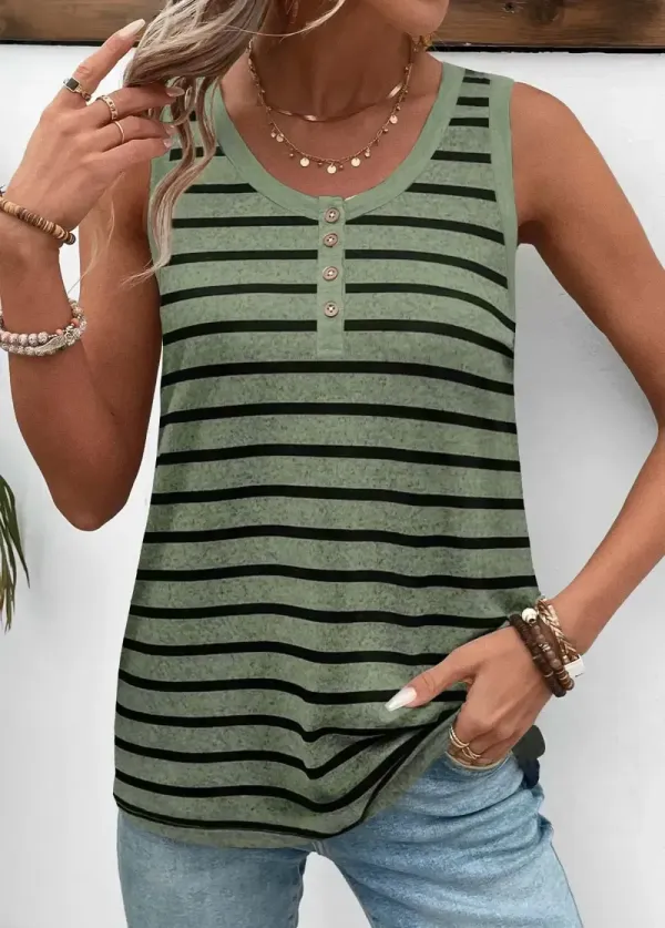 Green Button Striped Sleeveless Round Neck Tank Top
