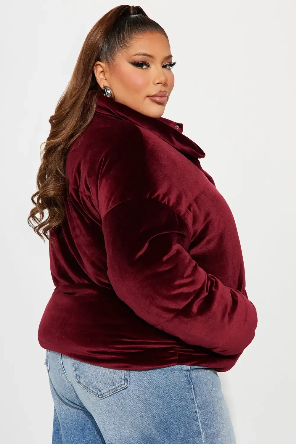 Cici Velvet Puffer Jacket - Burgundy