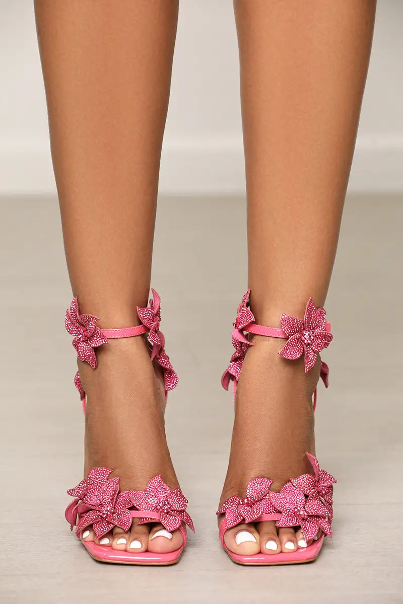Romi Lace Up Flower Heel (Pink)- FINAL SALE