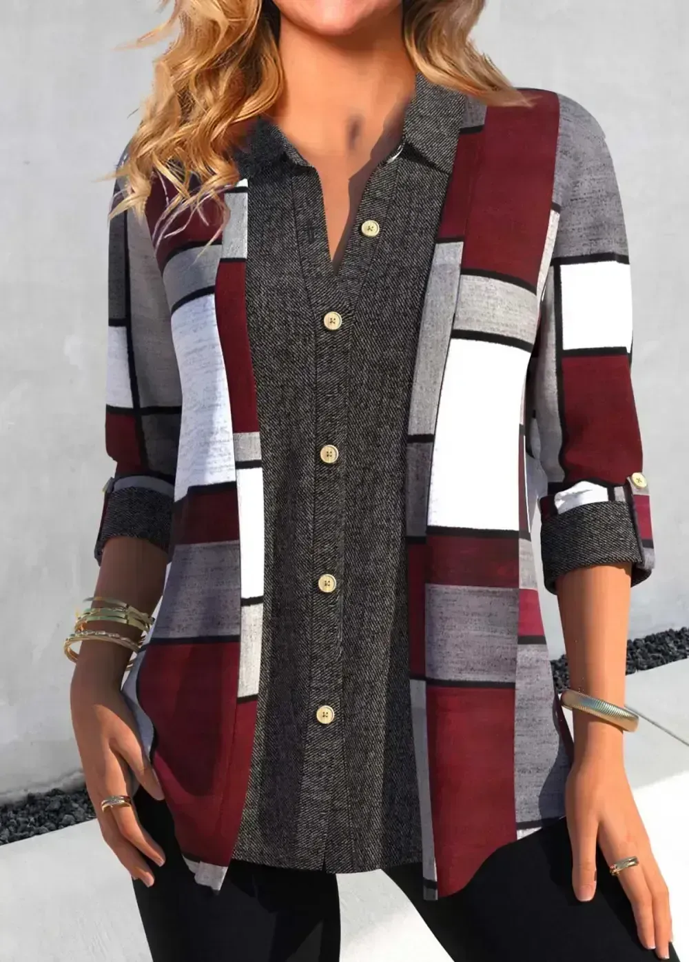 Dark Grey Button Geometric Print Shirt Collar Blouse