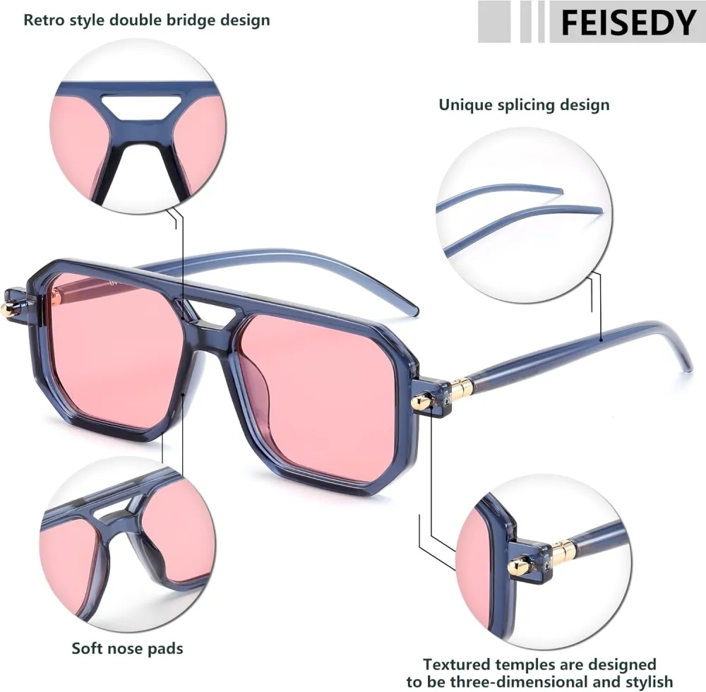 FEISEDY Vintage Square 70s Flat Aviator Sunglasses Women Men Classic Retro Stylish Frame UV400 Sunglasses B2622