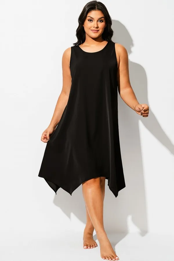 Solid Black Round Neck Sharktail Beach Cover Up
