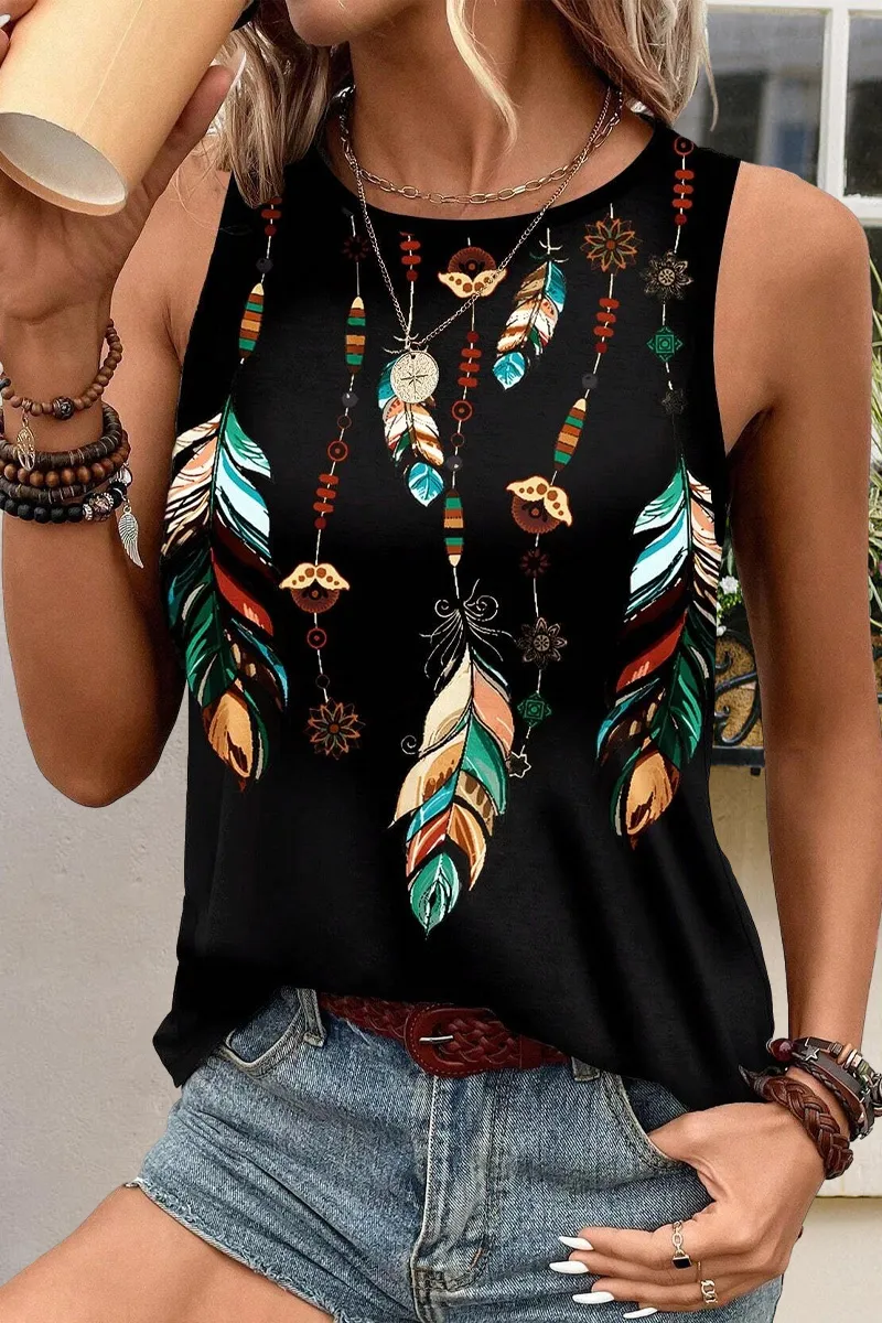 Feather Print Round Neck Tank Top