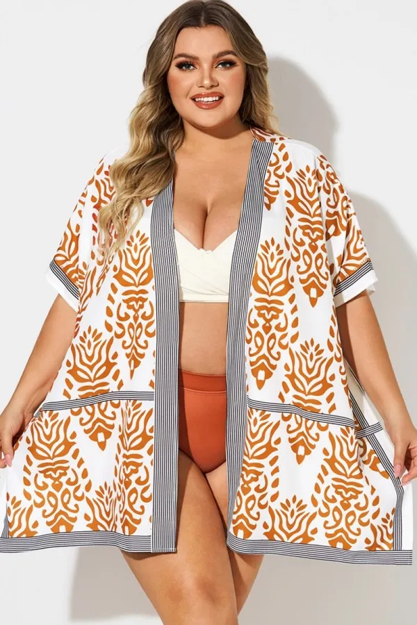 Loose Orange Print Batwing Sleeve Cover Up