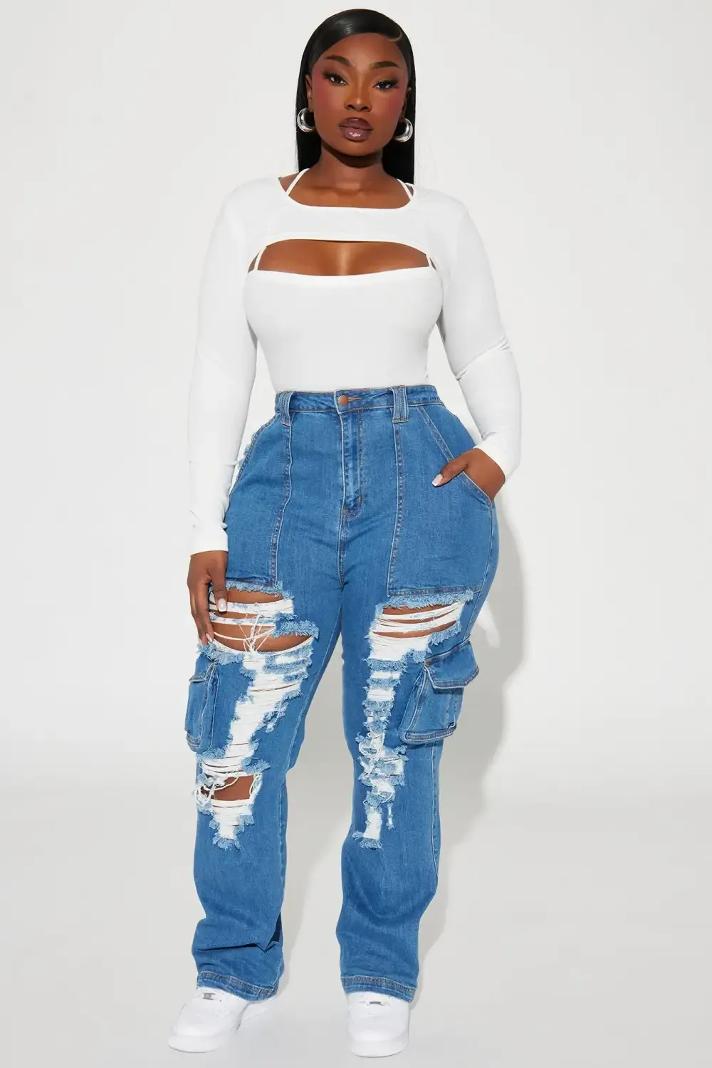 Can't Be Knocked Down Cargo Boyfriend Jeans - Medium Blue Wash