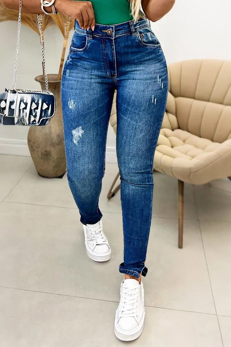 Ripped Detail Split Hem High Waist Skinny Jeans