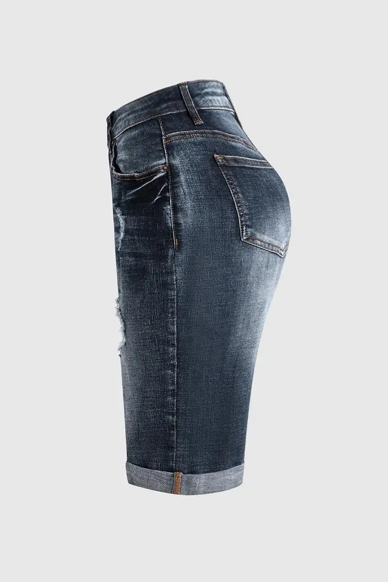 Ripped Rolled Hem Denim Bermuda Shorts Without Belt