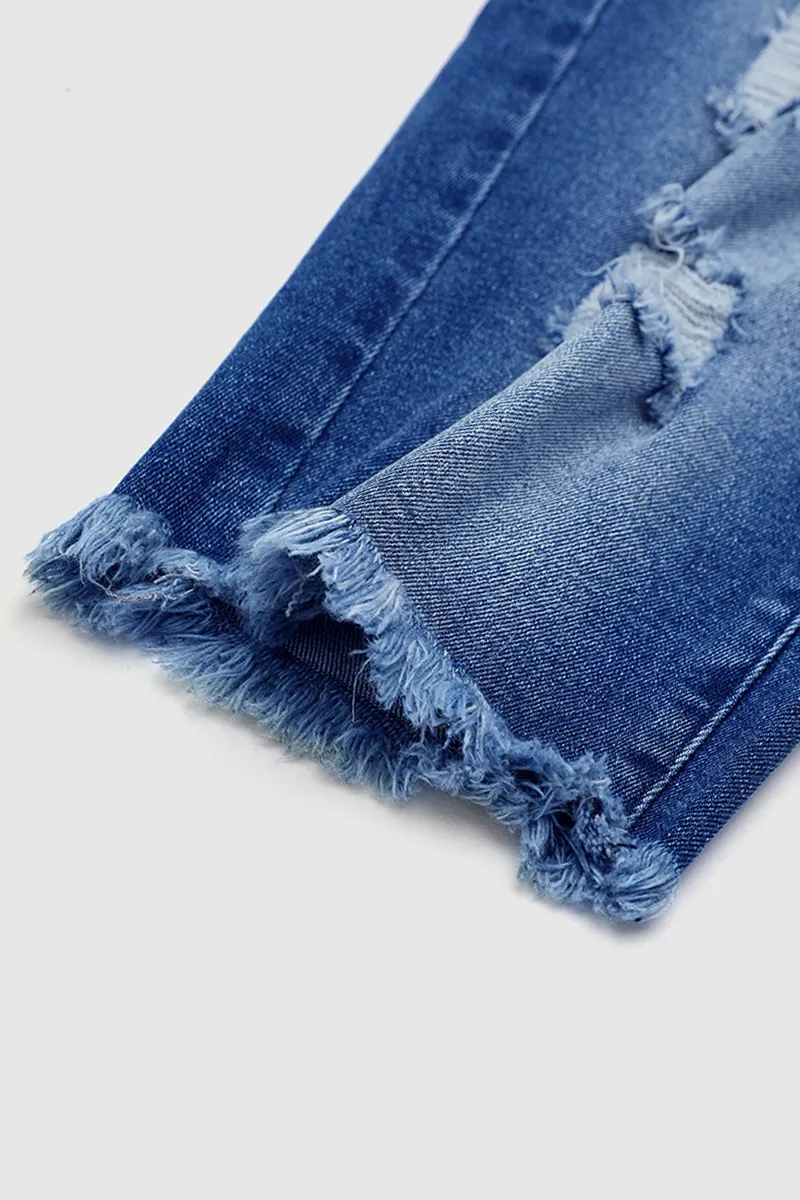 Ripped Button Fly Notched Waist Raw Hem Denim Bermuda Shorts