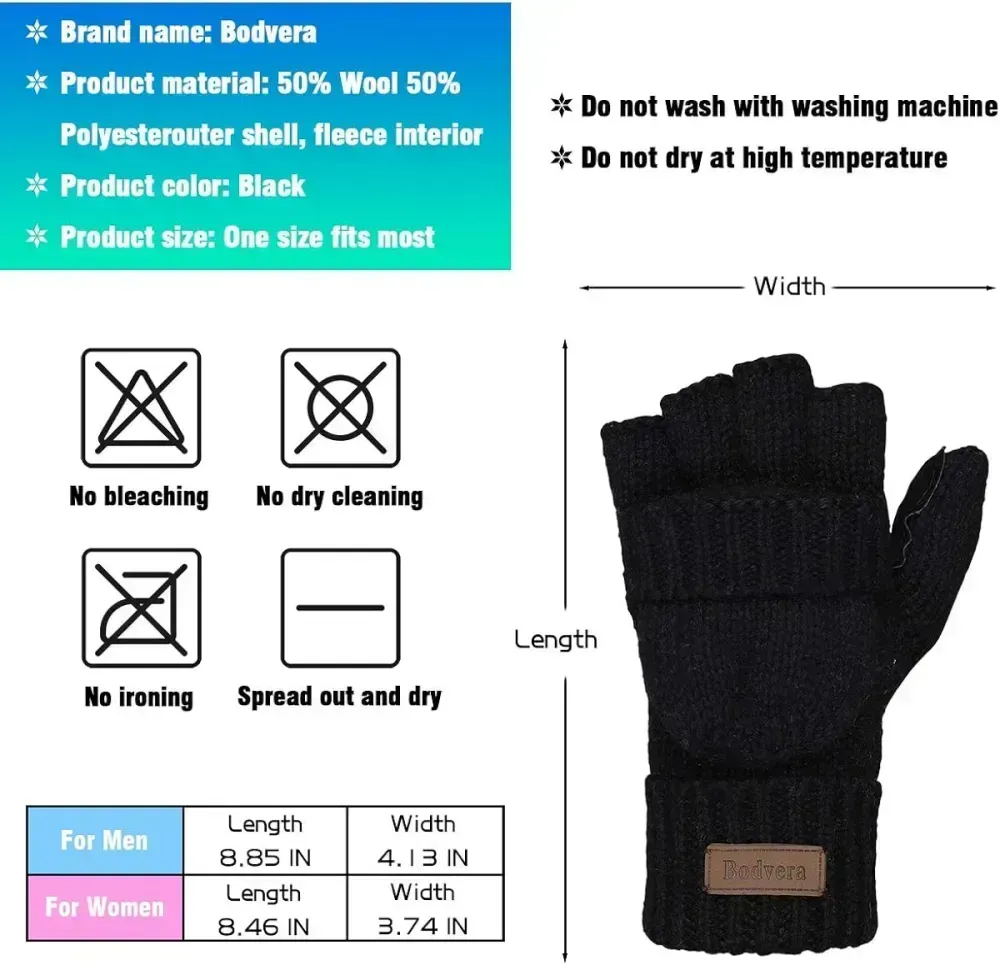 Bodvera Thermal Insulation Fingerless Texting Wool Gloves for Women and Men Winter Warm Knitted Convertible Mittens Flap