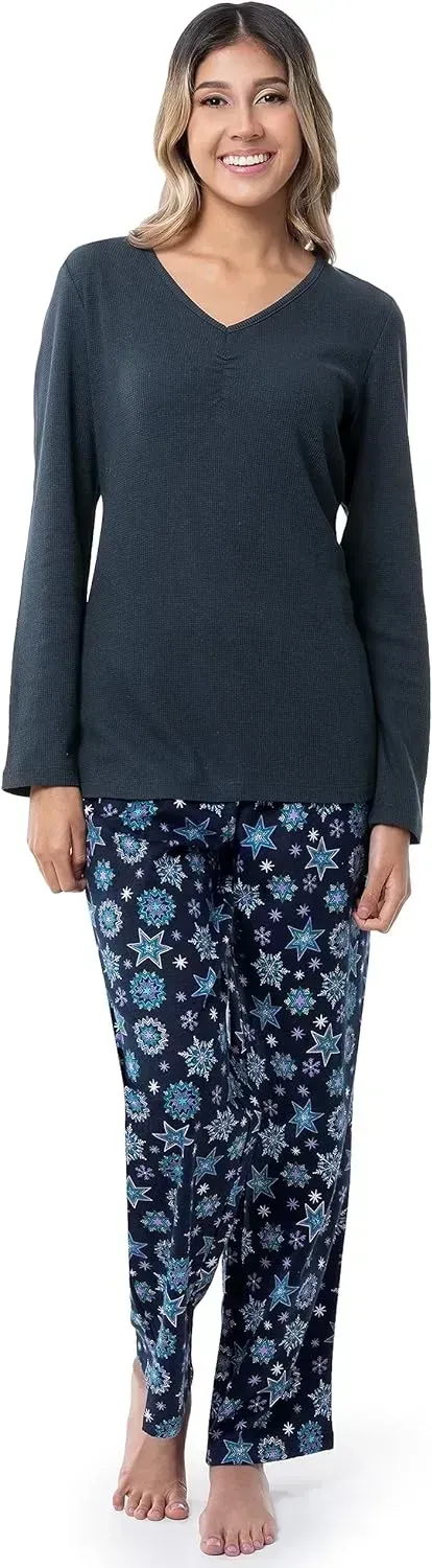 Fruit of the Loom Women's Waffle V-Neck Top and Flannel Pant Sleep Set
