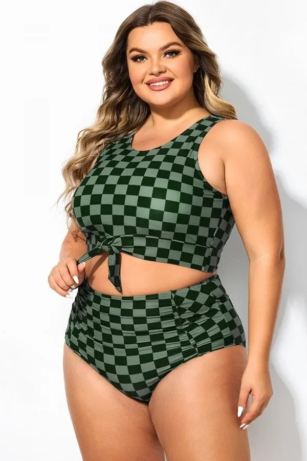 Black Grey Check Knotted Crop Bikini Top