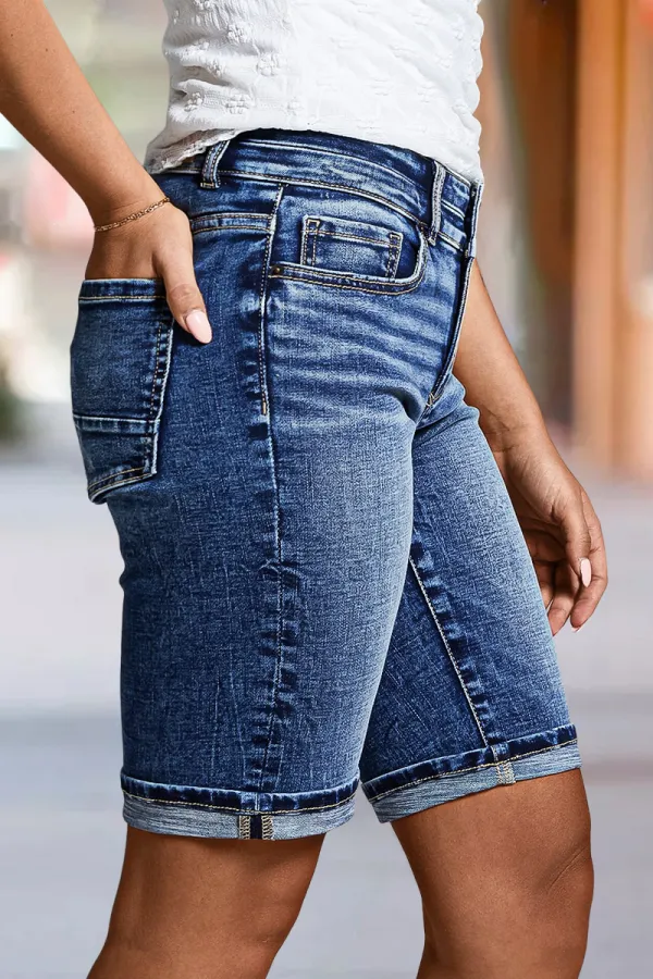Wash Roll Hem Double Button Mid Rise Denim Bermuda Shorts