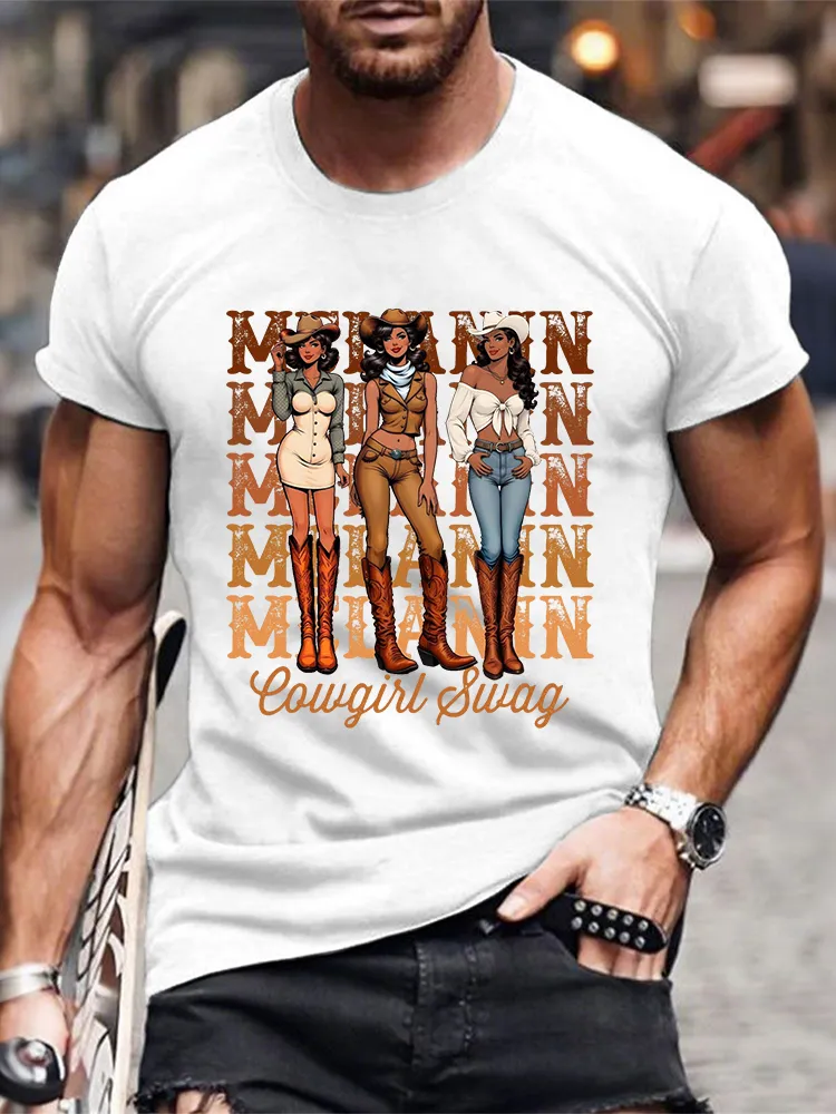 Men'S Round-Neck Short-Sleeved T-Shirt With Cowgirl Bwag Prints