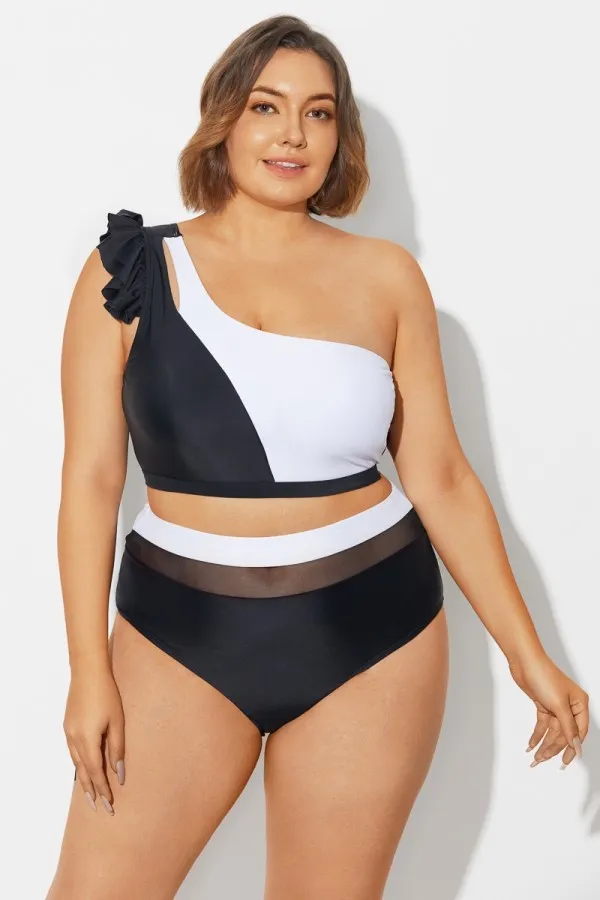 Black＆White Chic One Shoulder Bikini Top
