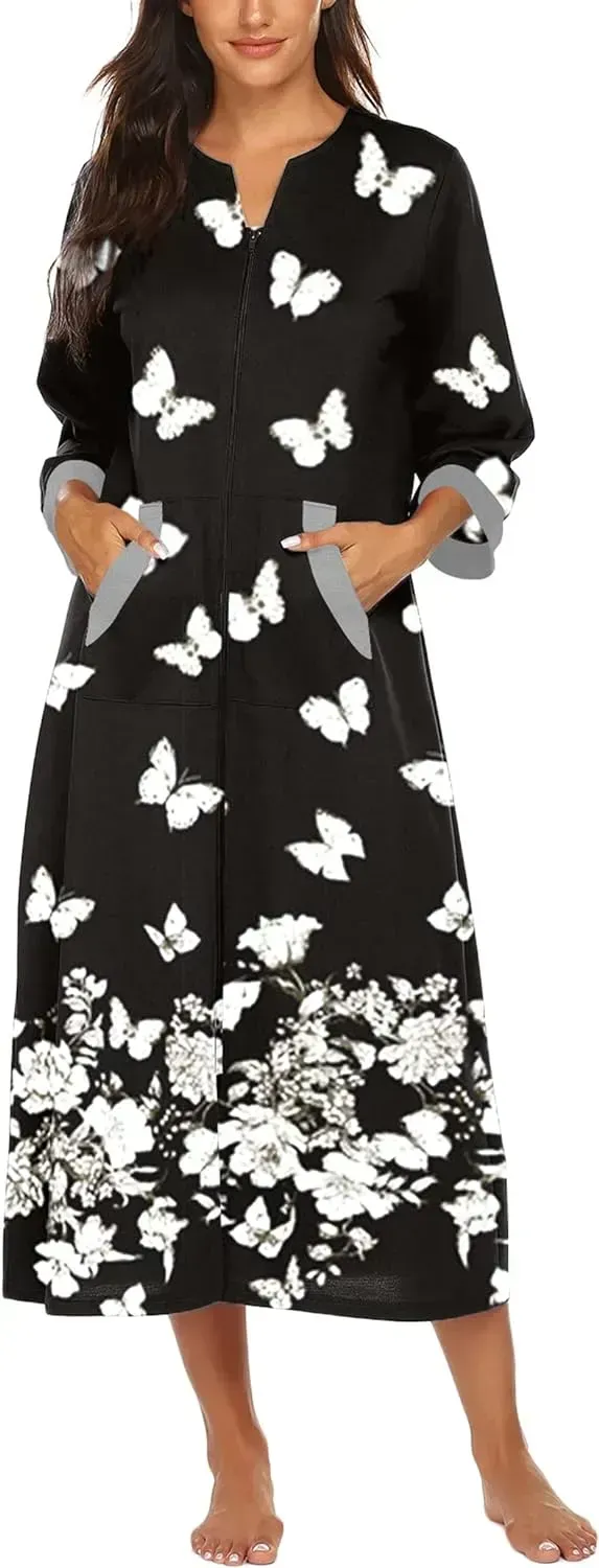 Women Zipper Robe 3/4 Sleeves Loungewear Dress Full Length Sleepwear Pockets Housecoat Nightgown Long Bathrobe
