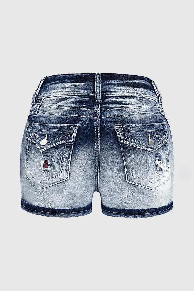 Wash Paisley Patched Ripped Mid Rise Denim Shorts