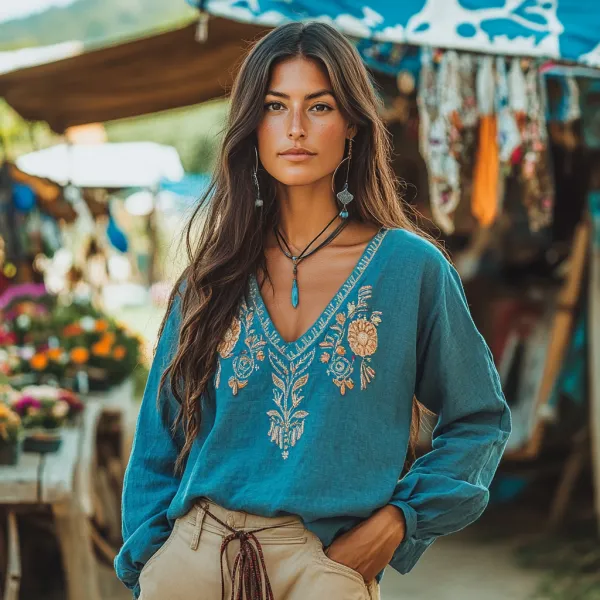 Casual Bohemian Embroidered Linen V-neck Shirt