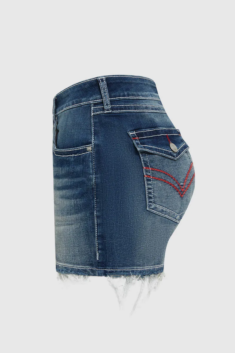 Stitch Pocket Raw Hem Mid Waist Denim Shorts