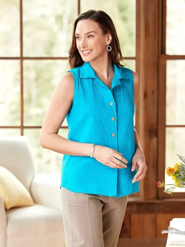 Women's Crinkle Cotton Sleeveless Button-Front Top