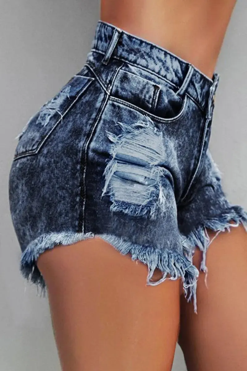 Wash Raw Hem Ripped High Rise Denim Shorts