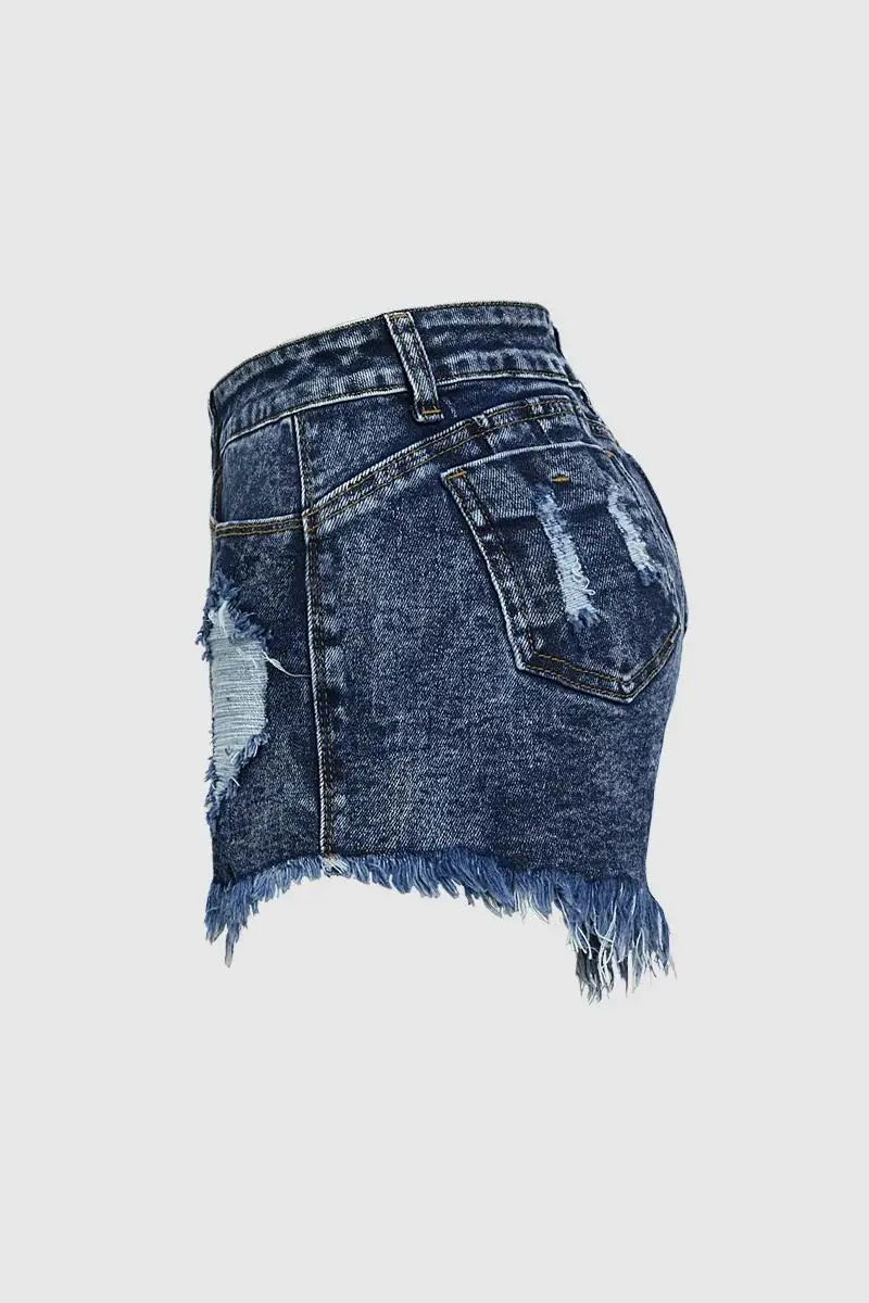 Wash Raw Hem Ripped High Rise Denim Shorts