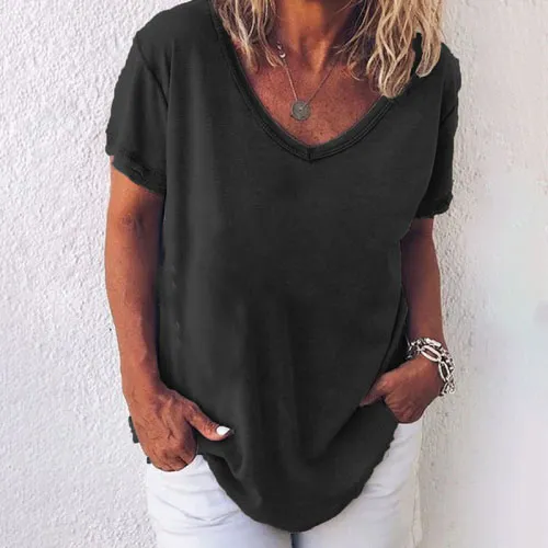 Solid color V-neck short-sleeved plus size women's T-shirt