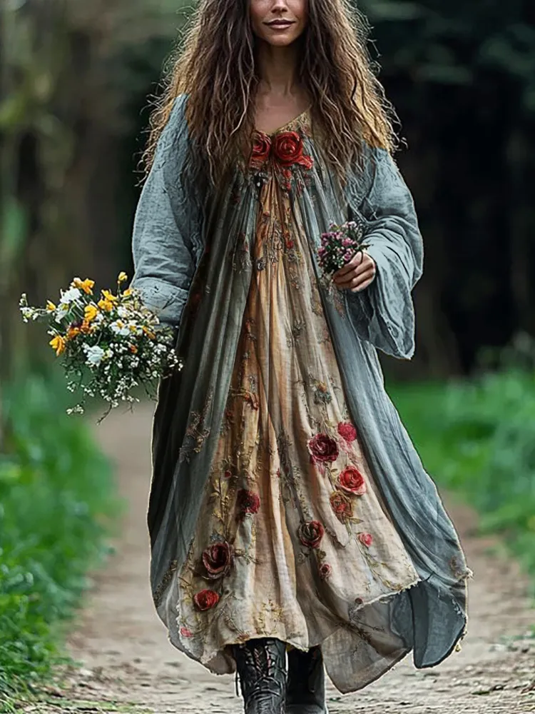 Vintage Roses Floral Flowy Linen Blend Maxi Dress