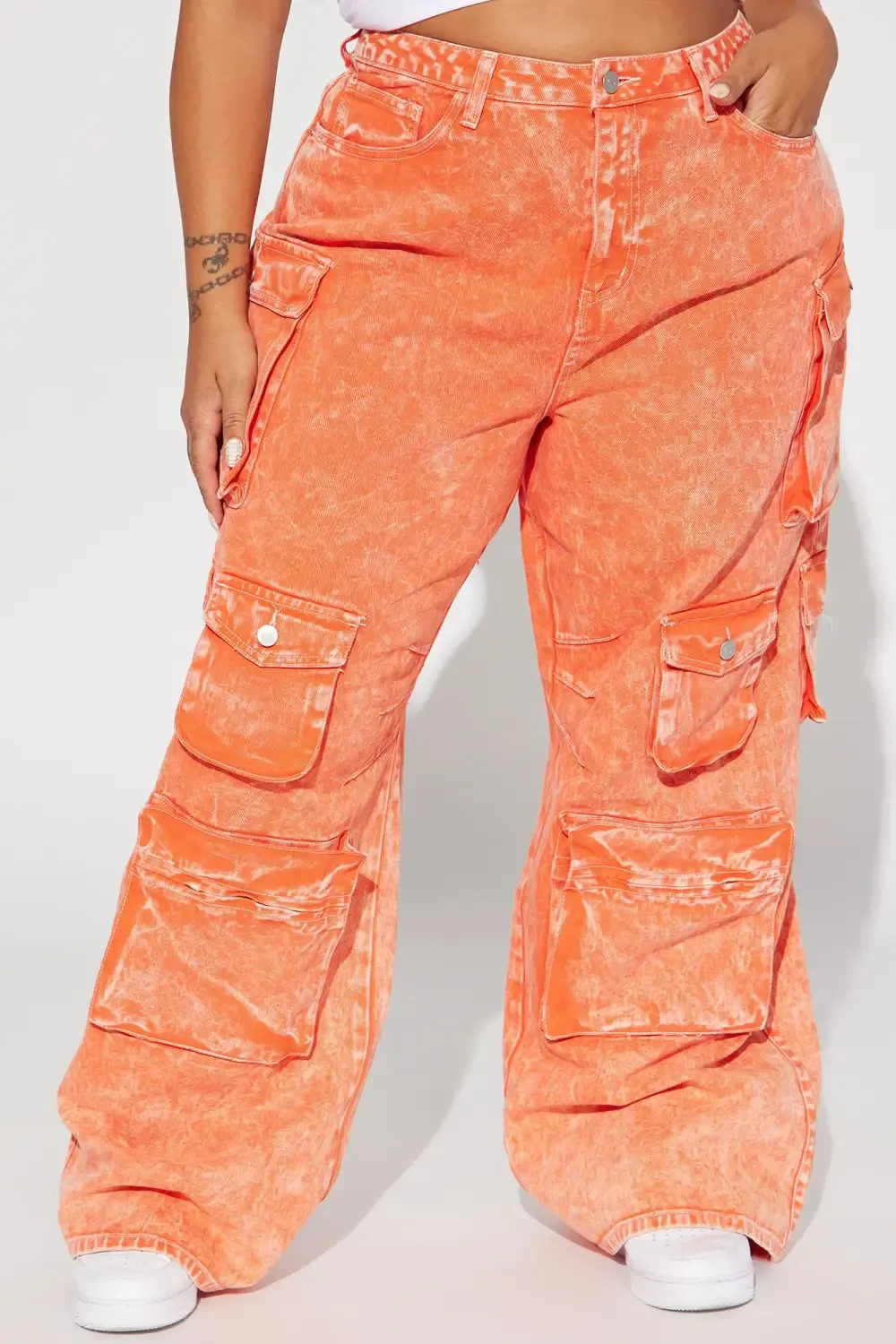 Lily High Rise Acid Wash Cargo Jeans - Orange