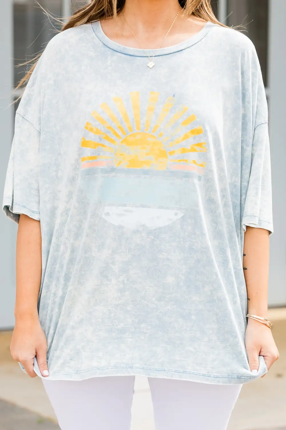 Stop And Watch The Sunset Acid Wash Boyfriend Tee, Ice Blue