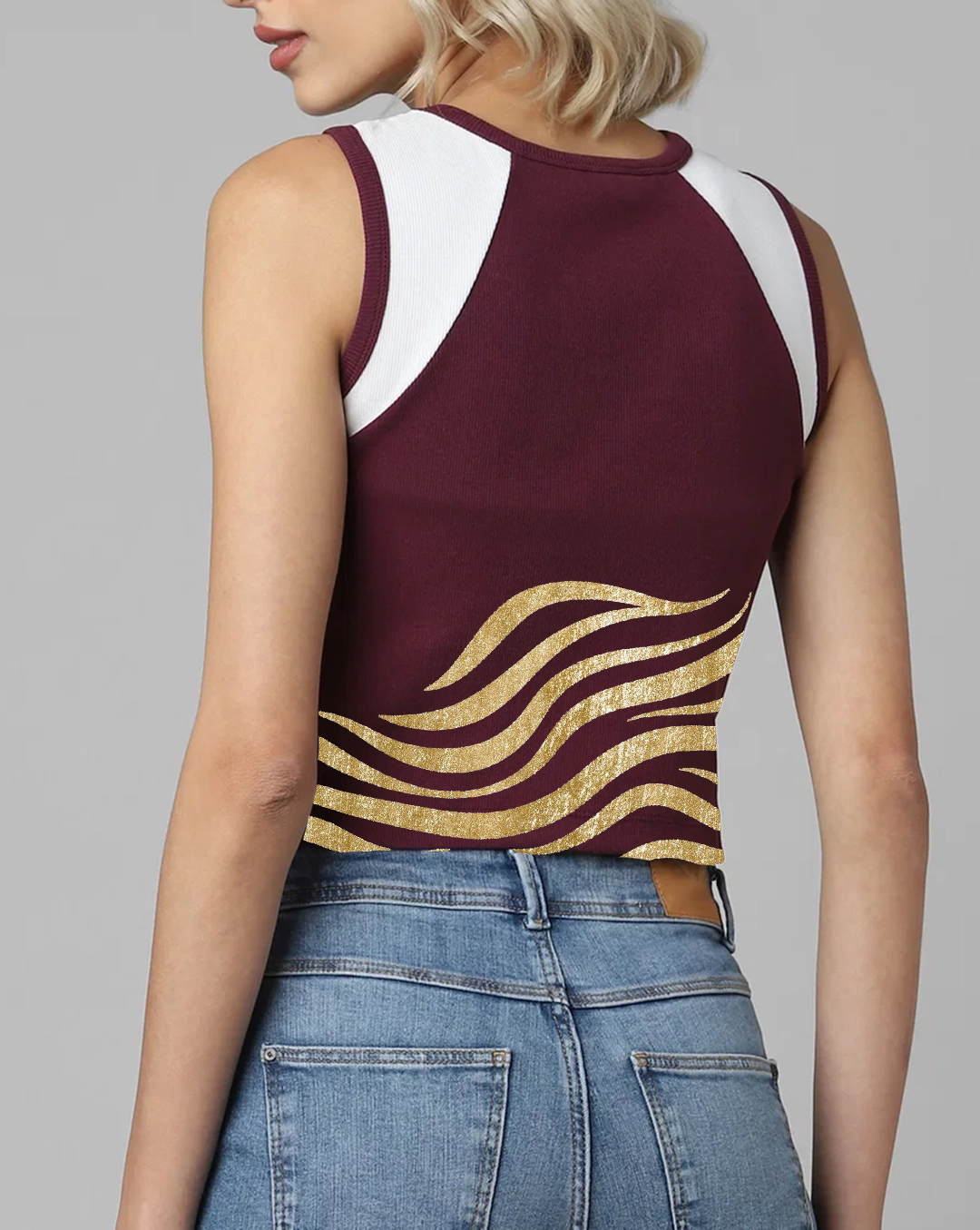 Maroon and White Wave Print Sleeveless Cropped T-shirt